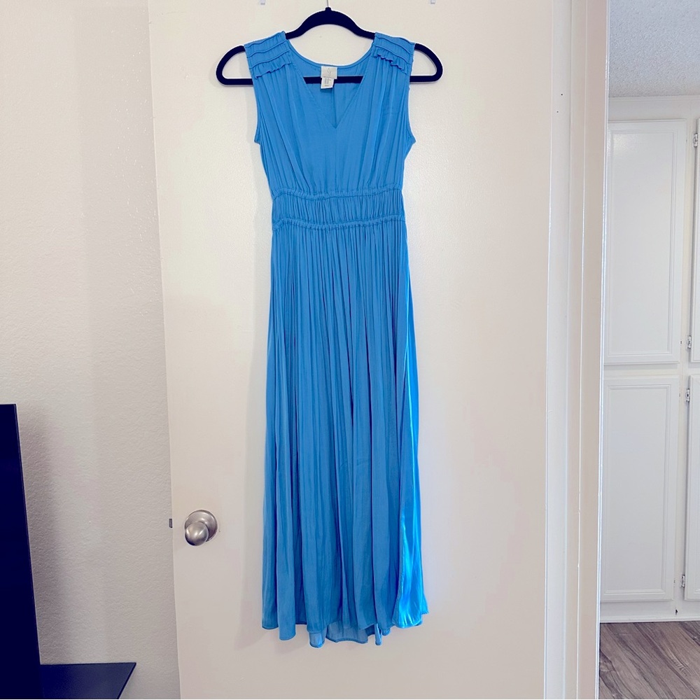 Joie Sleeveless Pleated V Neck Crinkle Midi Dress Summer Lake